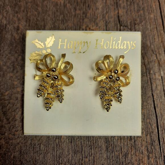 Vintage Christmas Pierced Earrings Gold Tone Bow with Pinecone Bough - Picture 9 of 14